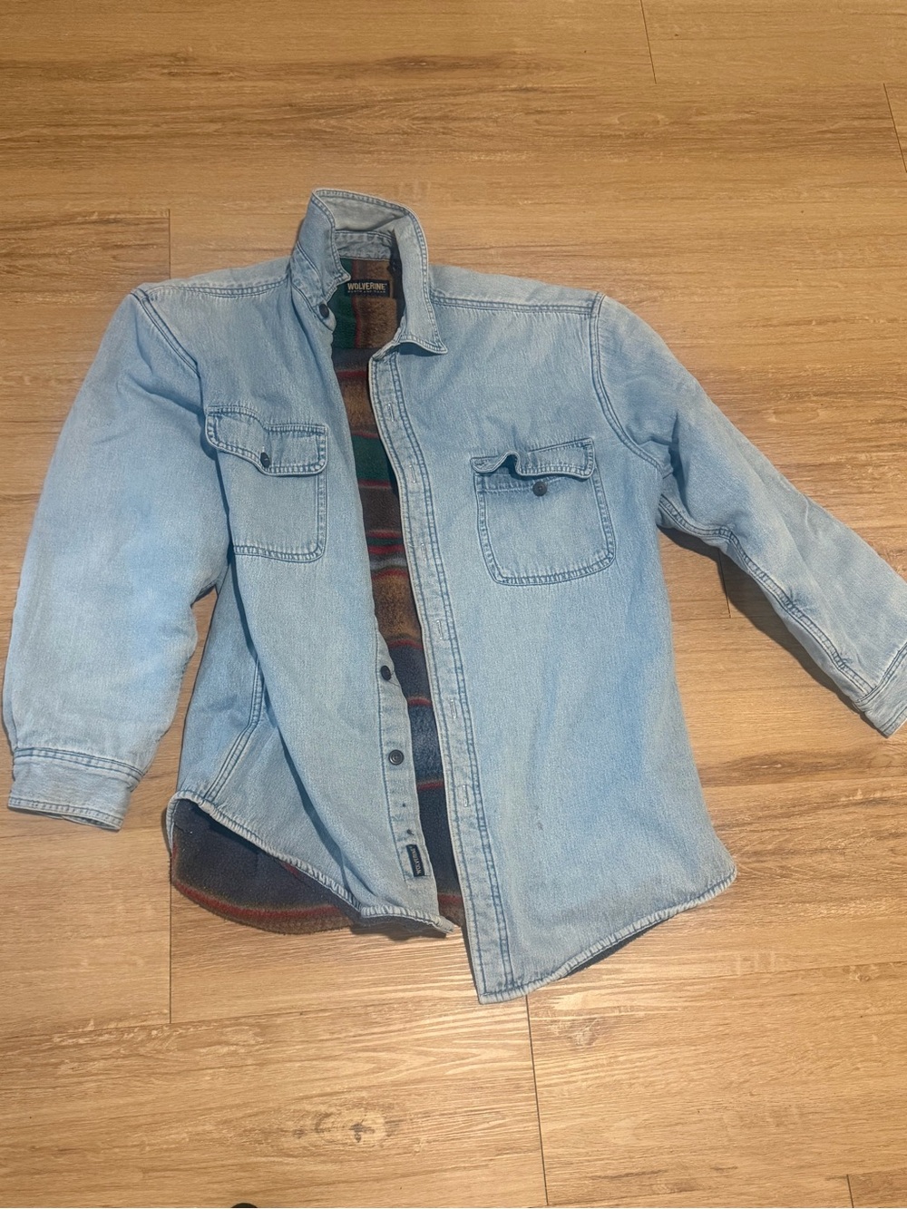 Vintage Wolverine Southwestern Fleece-Lined Denim Shirt Jacket Large